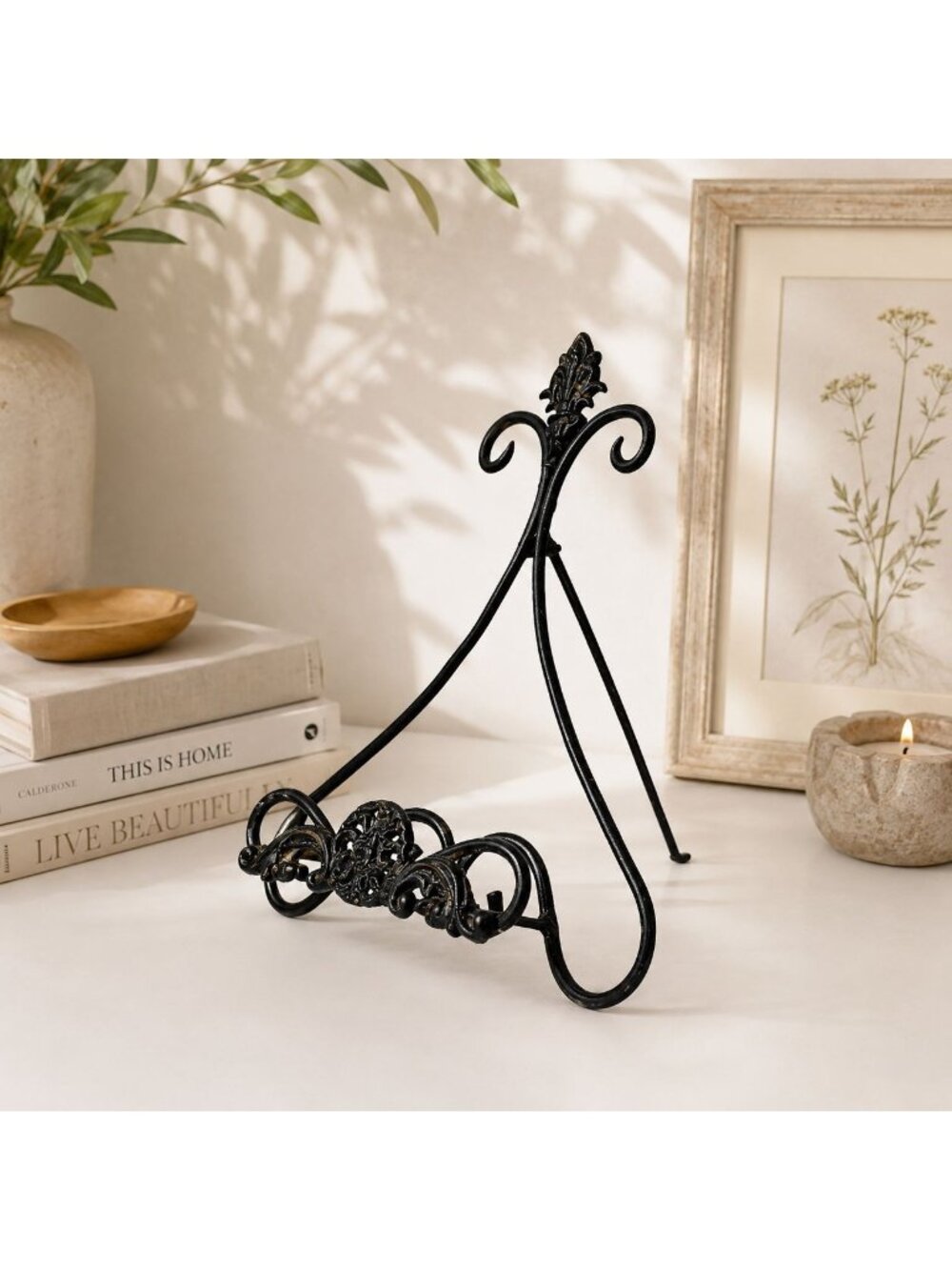 Wrought Iron Display Easel Black Scrollwork Tabletop VTG Stand Farmhouse Decor
